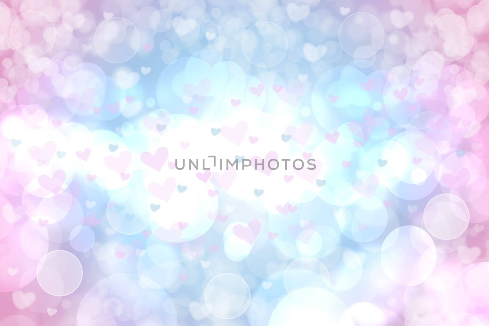 Valentines or mothers day card template. Abstract delicate romantic illustrated pink gradient blue background texture with pink and white bokeh hearts. Beautiful backdrop.