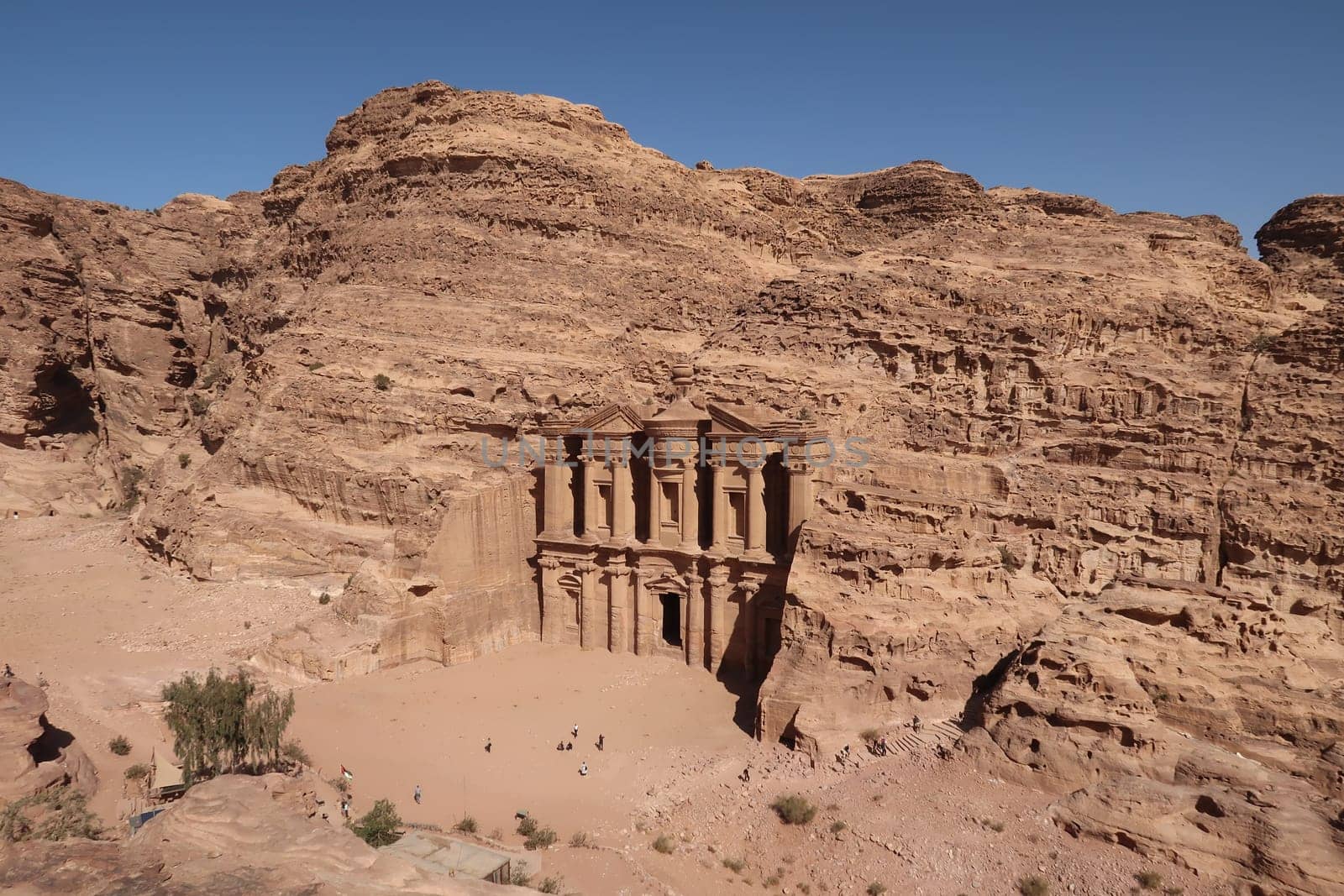 View onto the famous Monastery in Petra from a view point, Jordan 2021