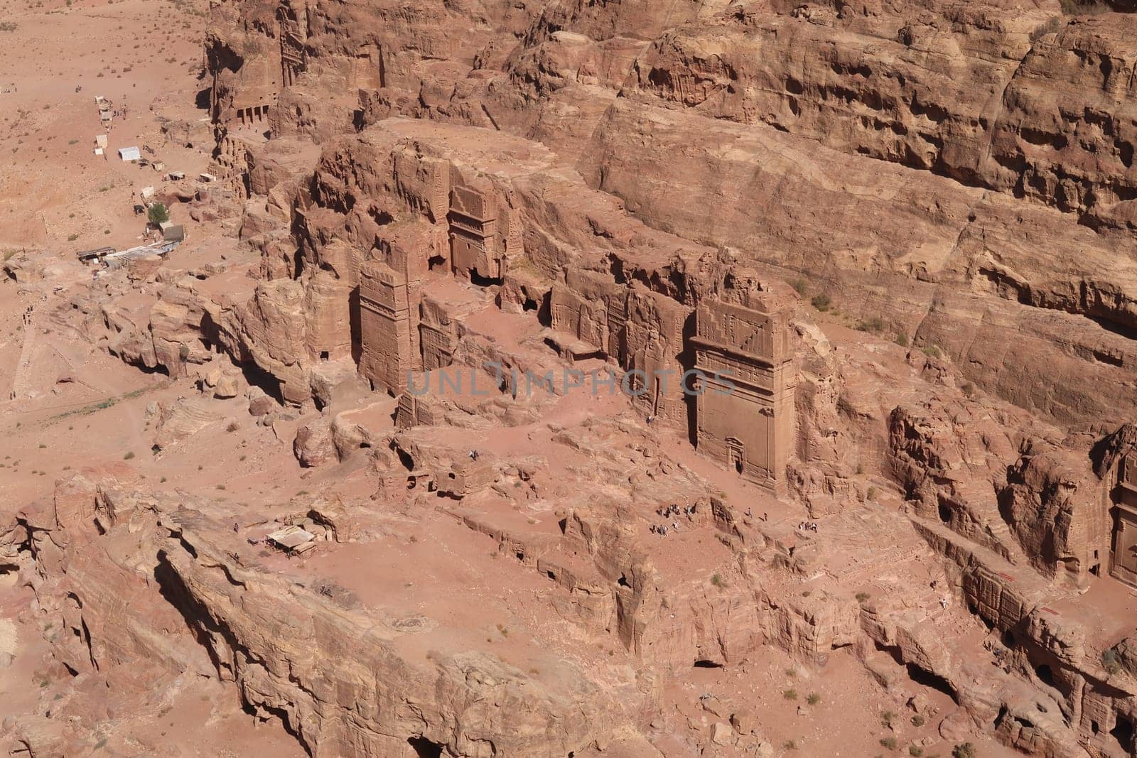 Scenic view from above onto the street of facades, royal tombs, Petra, Jordan 2021