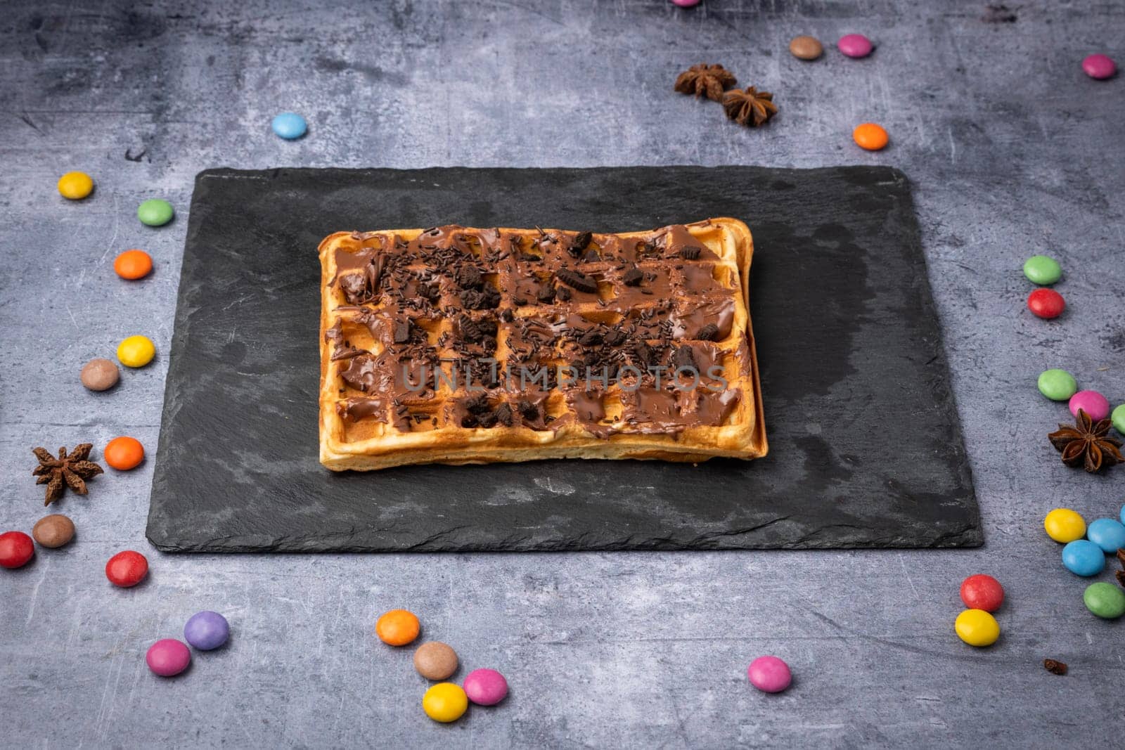 Plate of dessert chocolate waffle sweet dessert