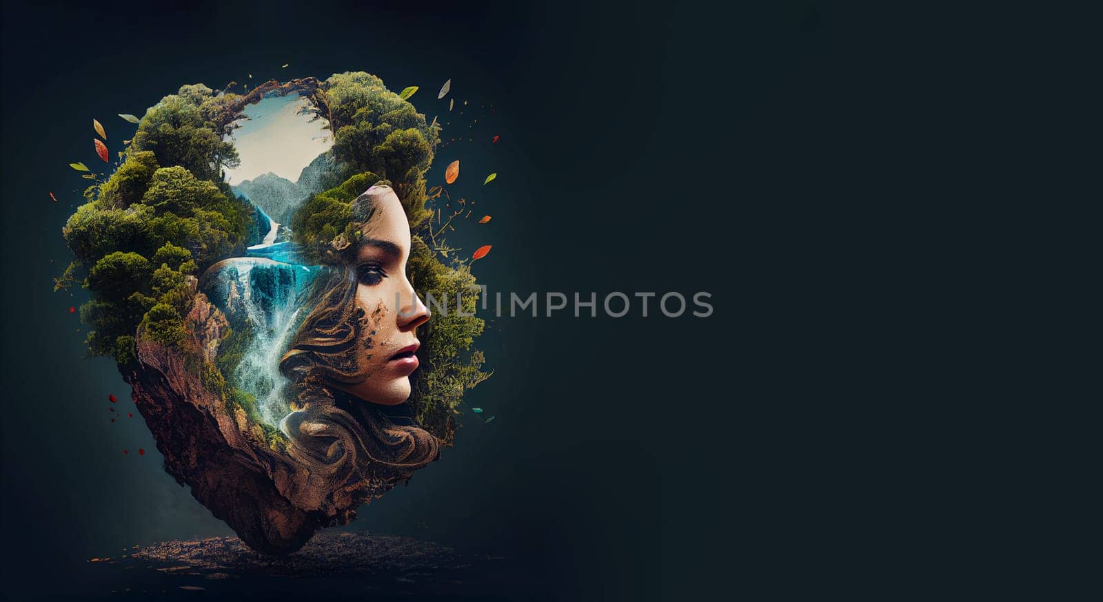 Mother earth, portrait of woman and nature, environment concept, protect the planet and ecosystem, generative AI