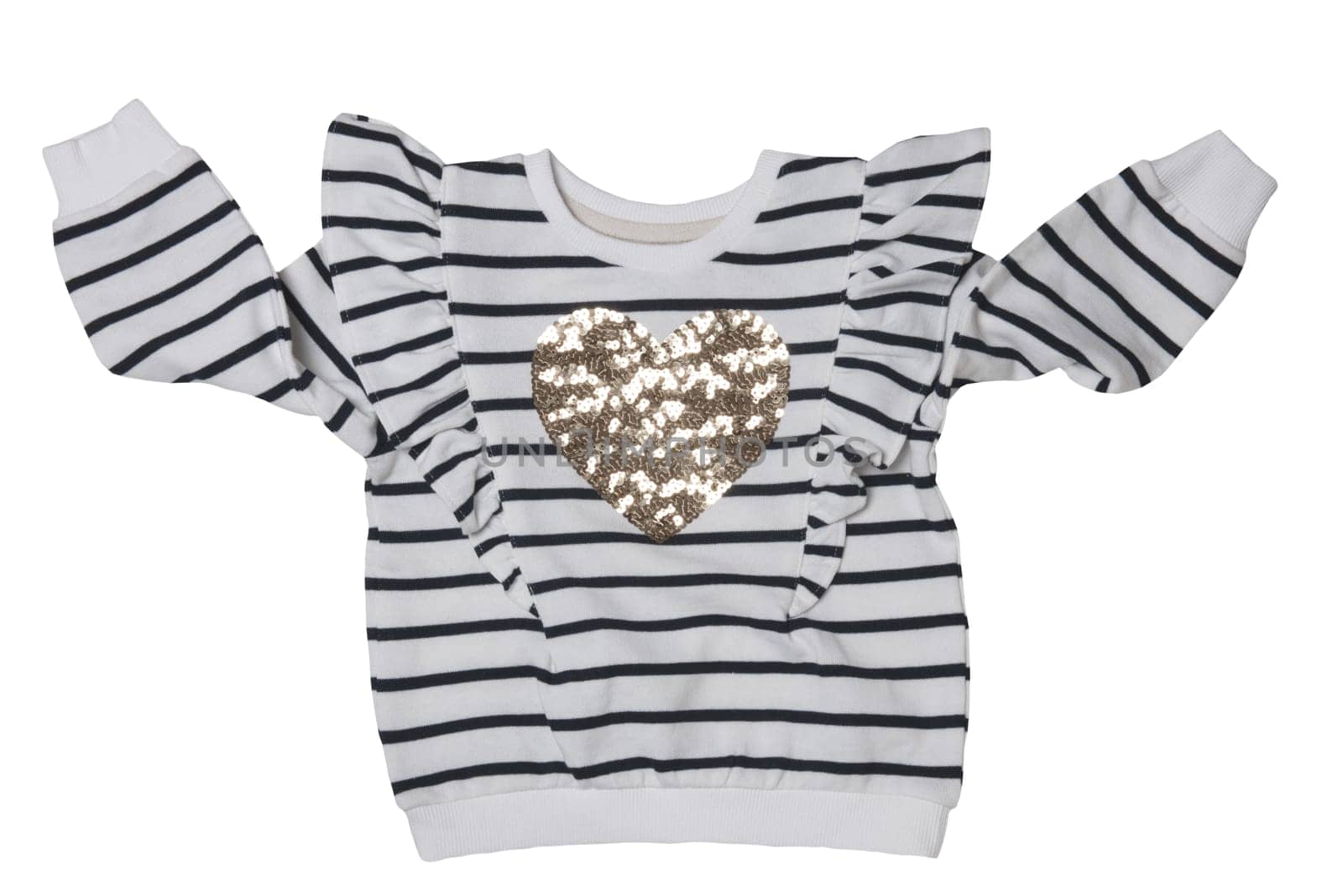Spring children clothes. Close-up of a stylish beautiful black and white striped little girl sweater or pullover with a heart isolated on a white background. Clipping path. Kids winter or autumn fashion.