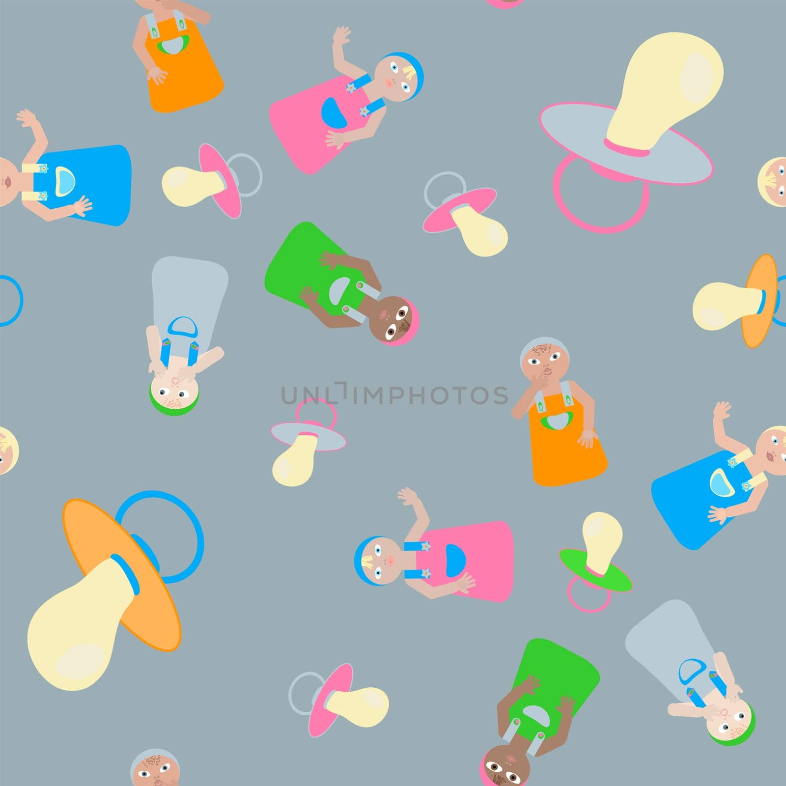 seamless pattern without a background with babies in bright children s clothes and pacifiers