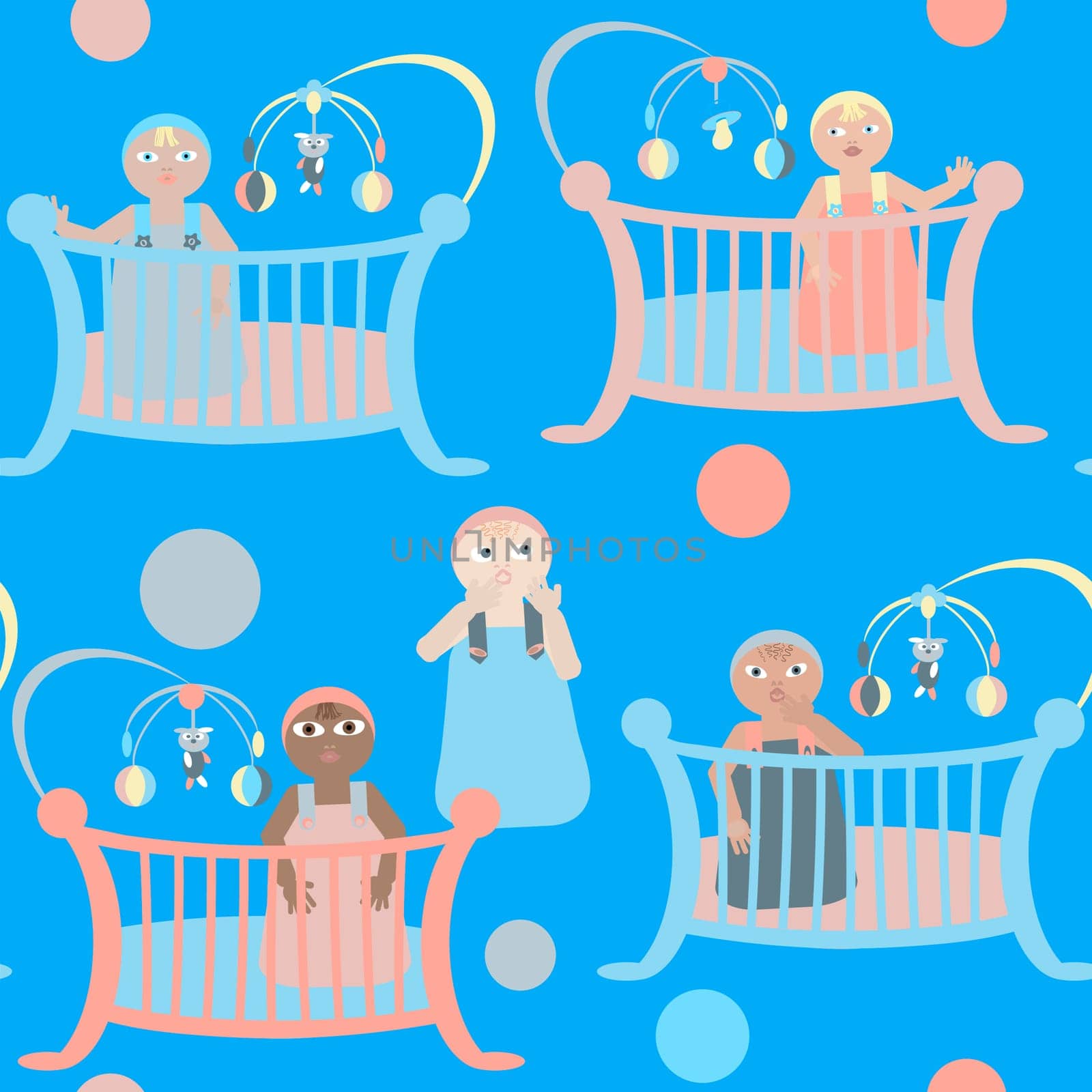 seamless pattern without a background with babies in bright children s clothes and pacifiers