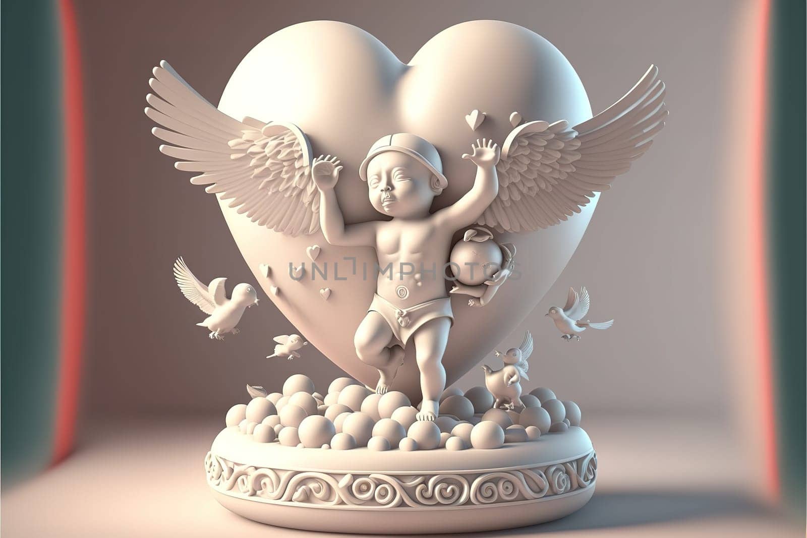 3D-illustration cupid with heart shape balloon and doves.