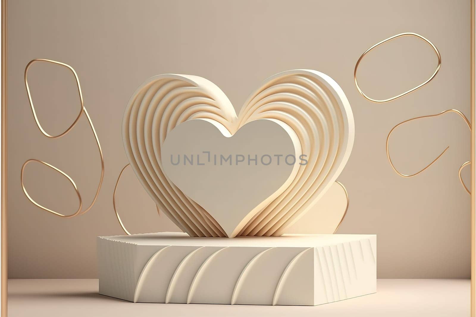 3D podium, display, heart line art background.