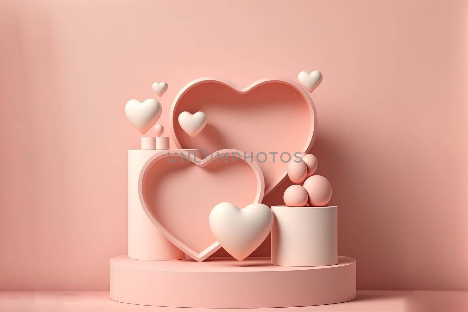 3D pastel pink podium display with heart shape decoration. Powder Pink studio product promotion background.