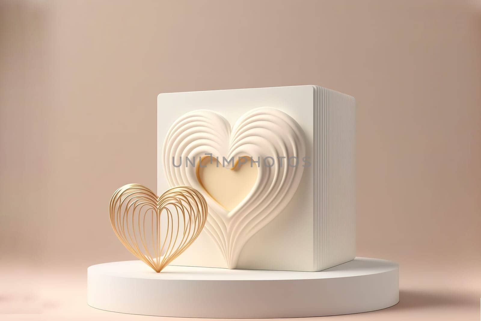 3D podium, display, heart line art background.