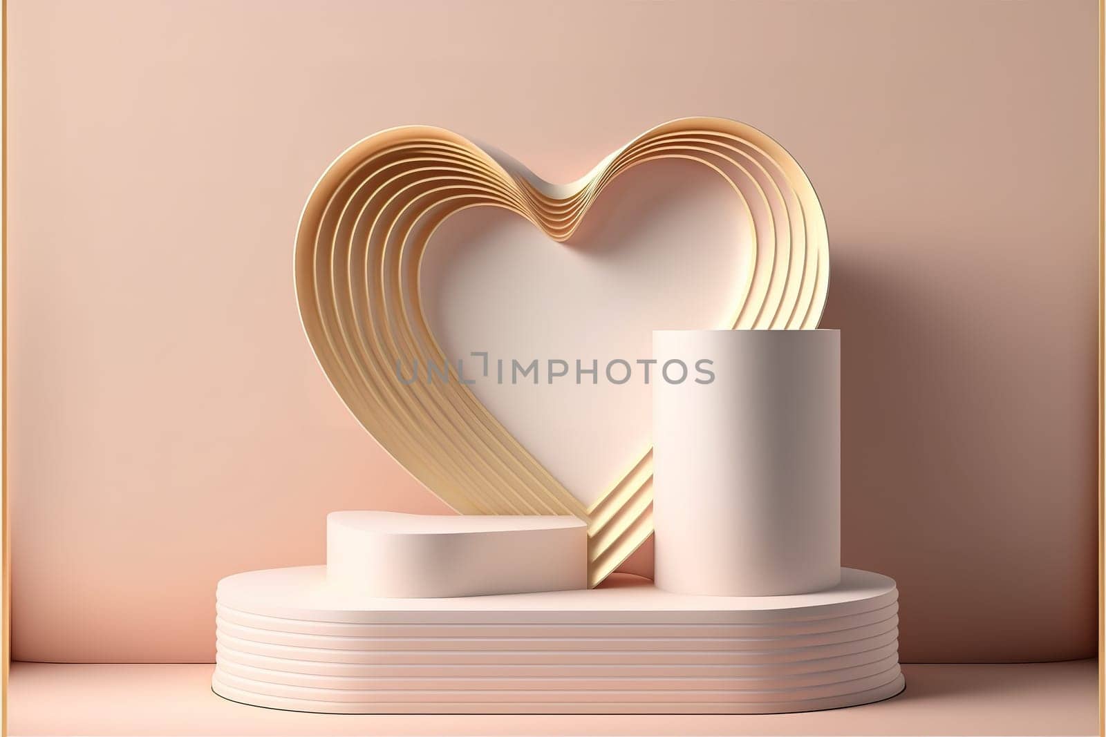 3D pastel pink podium display with heart shape decoration. Powder Pink studio product promotion background