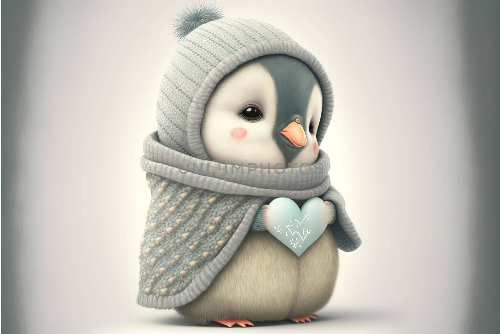 A cute, little, baby penguin in warm winter clothes, symbol of love.
