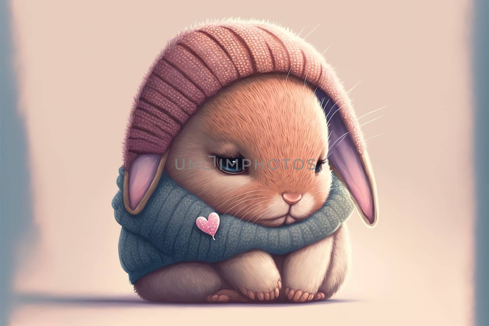 A cute, little, baby rabbit in warm winter clothes, symbol of love.