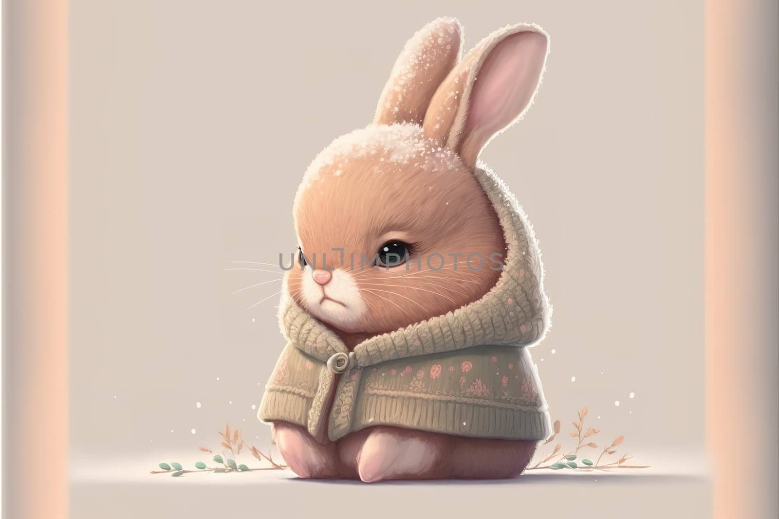 A cute, little, baby rabbit in warm winter clothes, symbol of love.