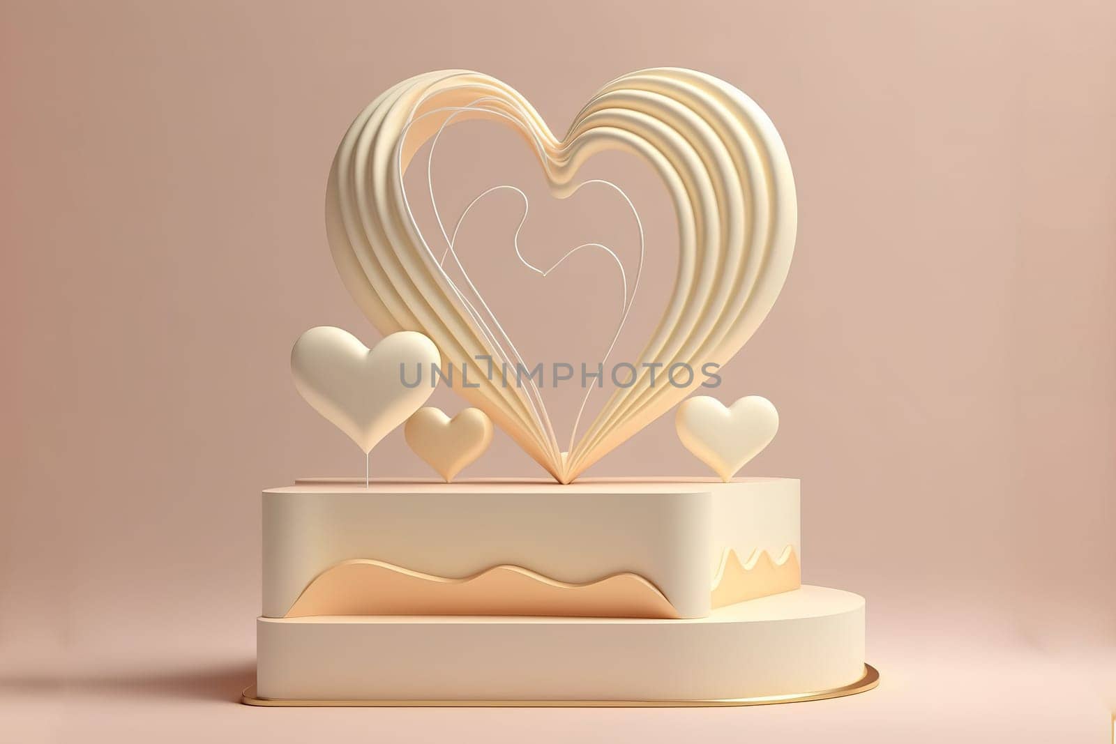 3D podium, display, heart line art background.
