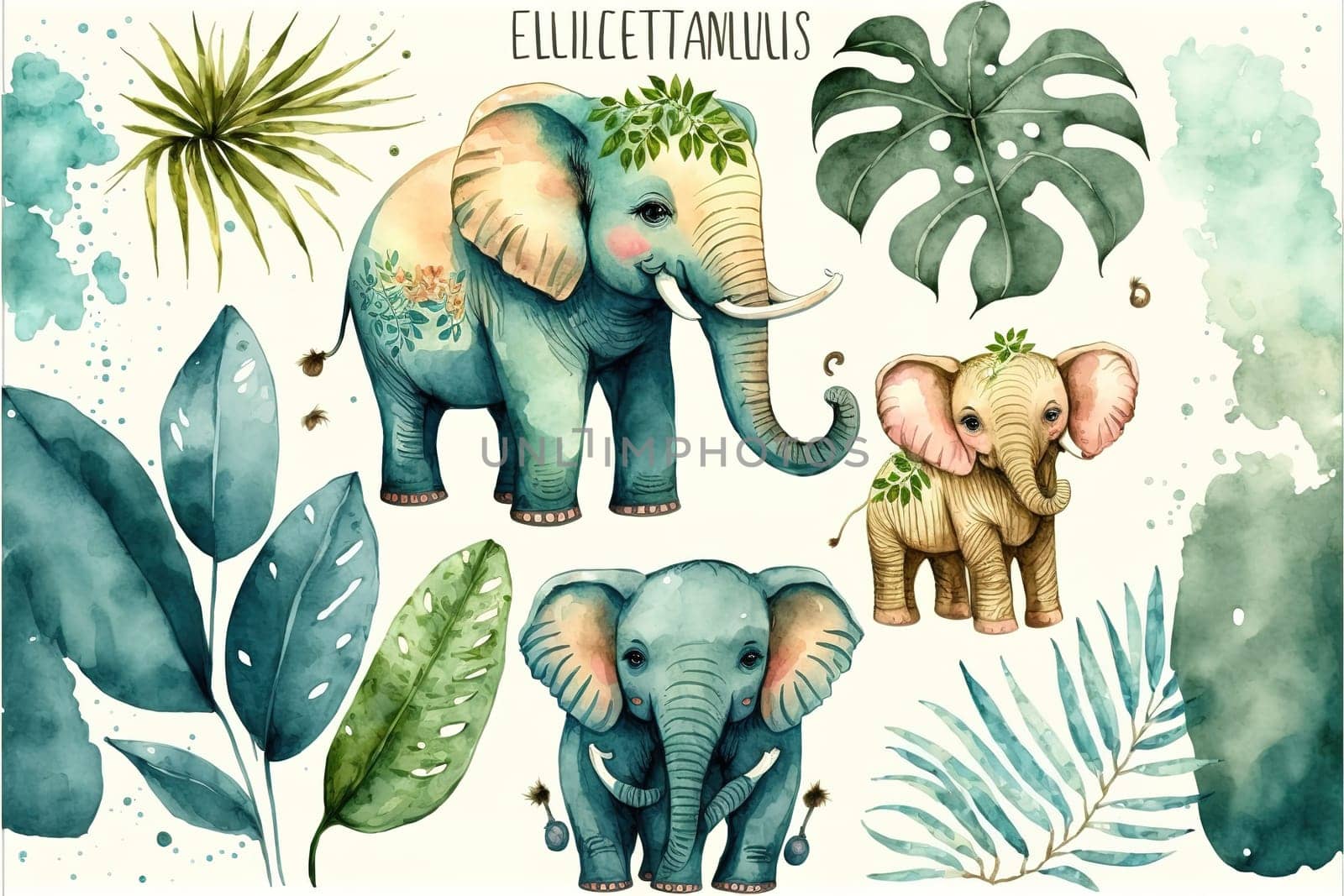 Cute elephants, tropical cute animals. Watercolor set.