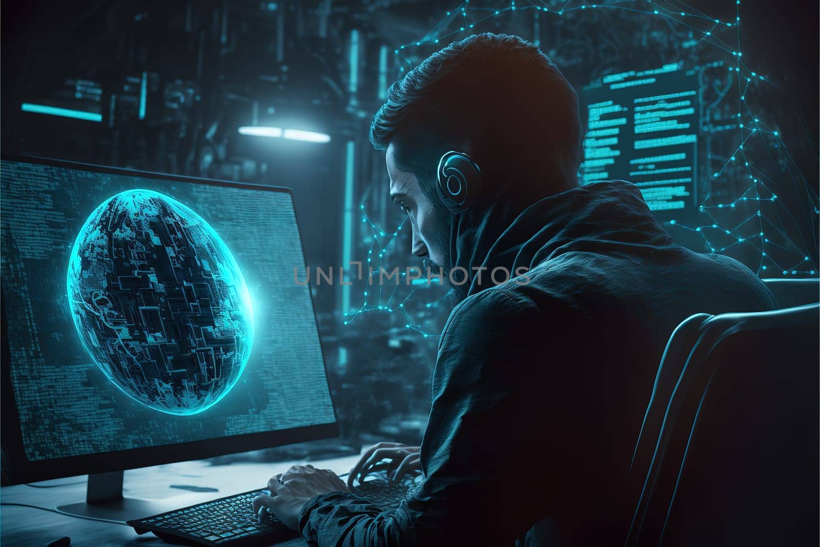 Cyber security concept. Man using computer with system hacked alert due to cyber attack on computer network.
