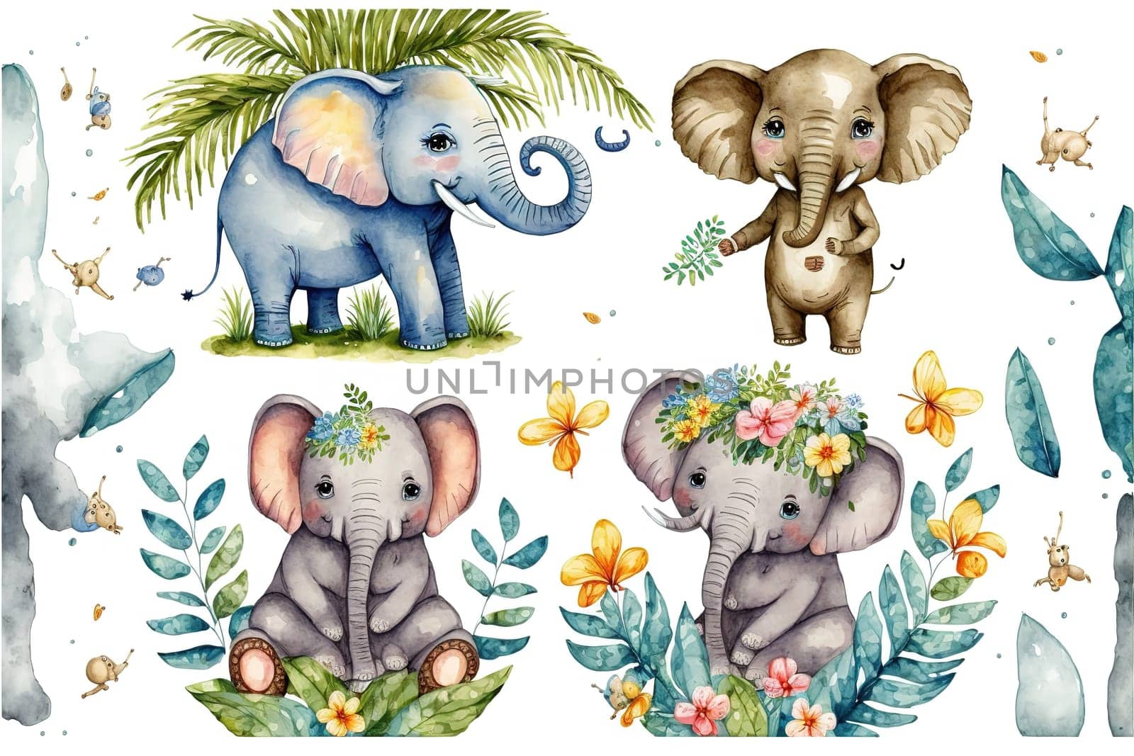 Cute elephants, tropical cute animals. Watercolor set.