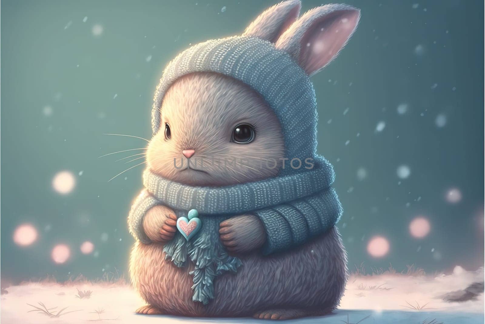 A cute, little, baby rabbit in warm winter clothes, symbol of love.
