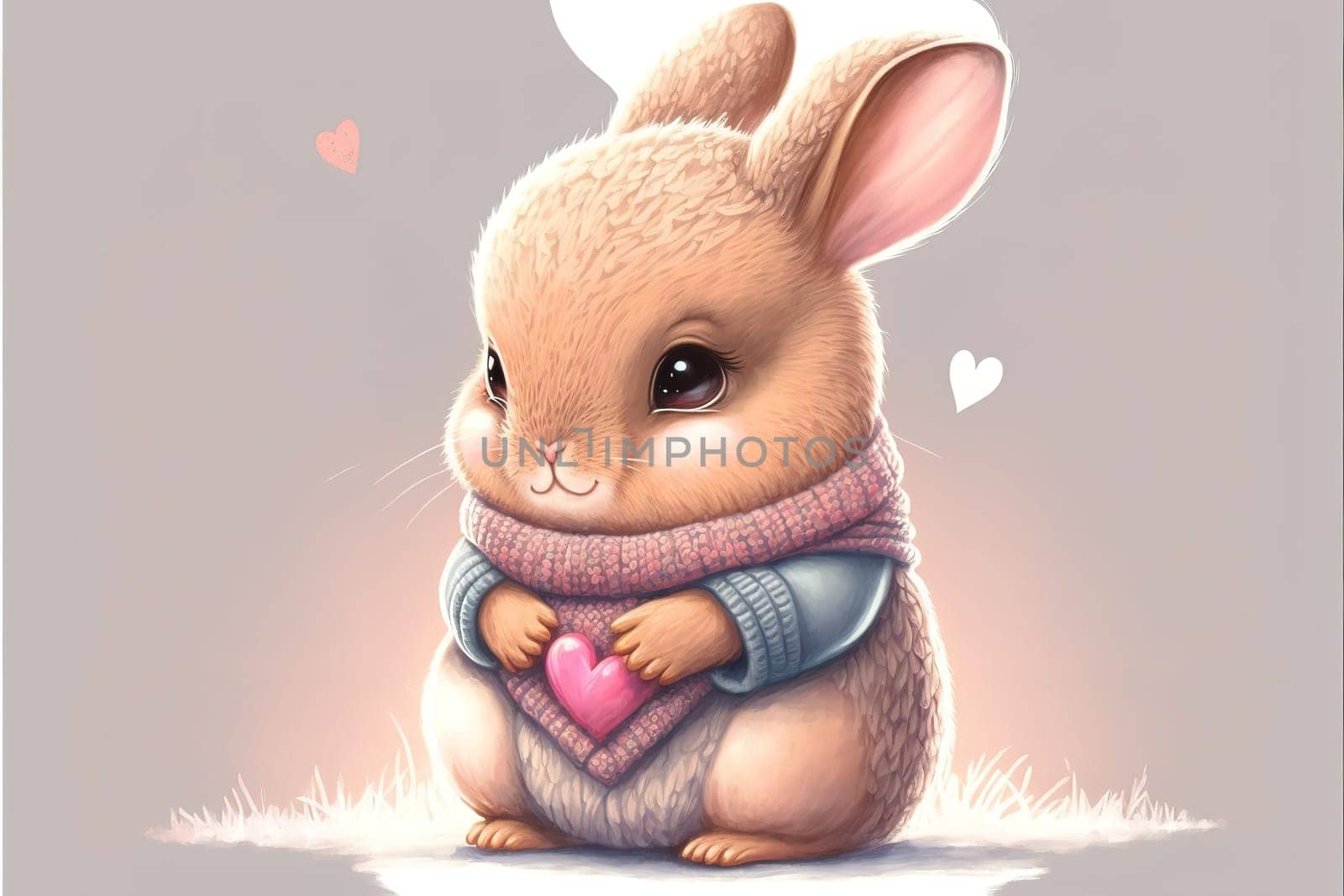 A cute, little, baby rabbit in warm winter clothes, symbol of love.