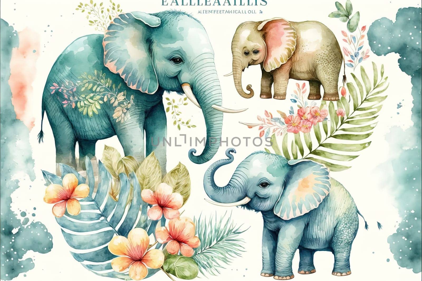 Cute elephants, tropical cute animals. Watercolor set.