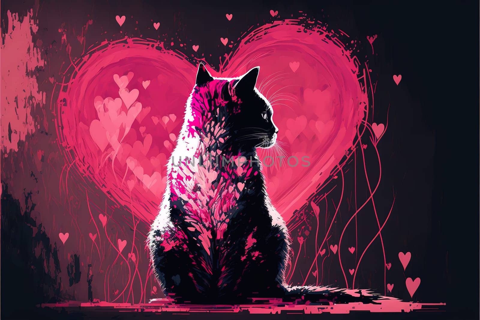Amazing Abstract artwork of the single cat sitting in the lovely background full of pink hearts.