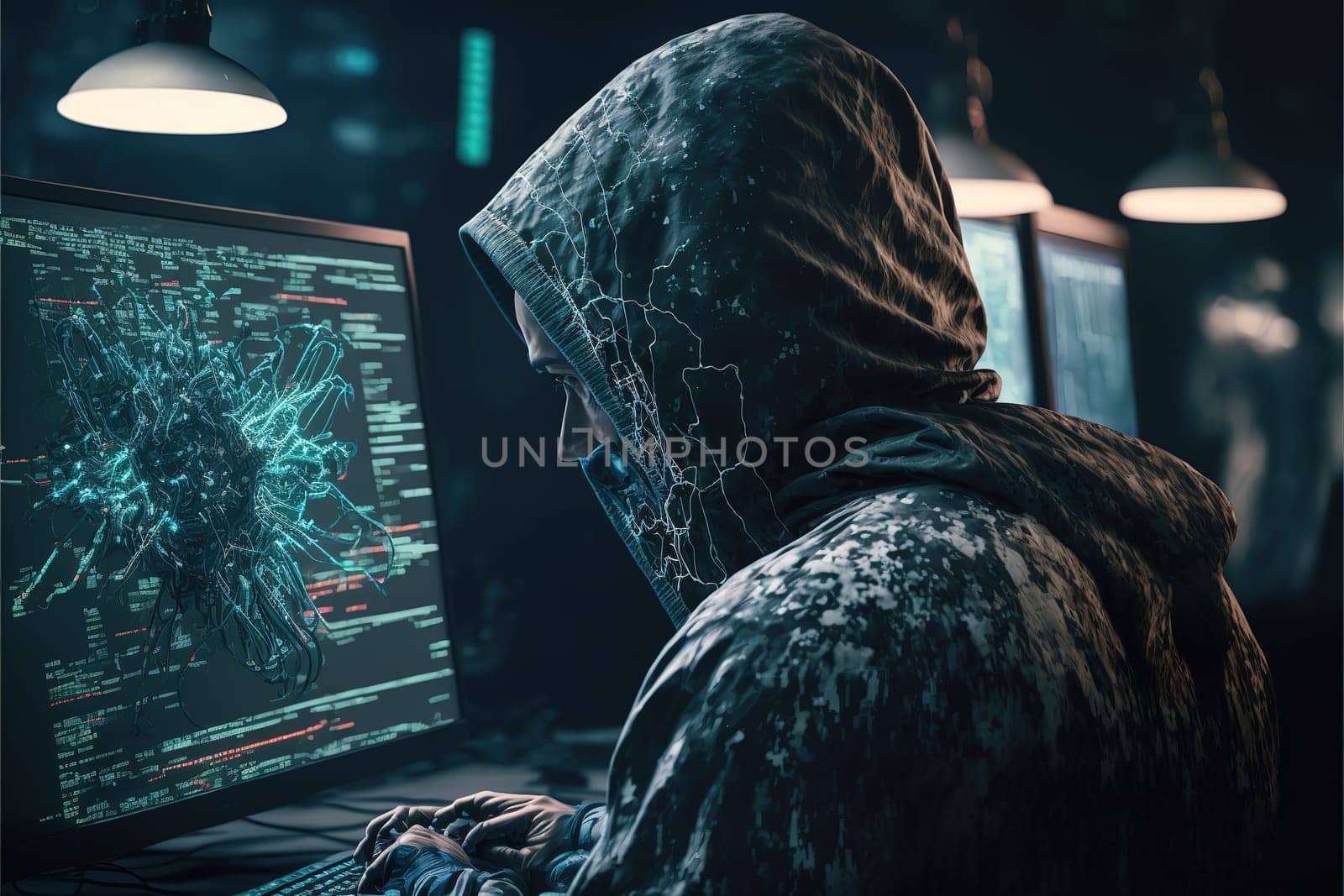 Cyber security concept. Man using computer with system hacked alert due to cyber attack on computer network.