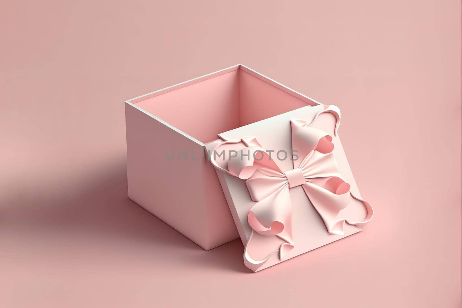 Blank open gift box or present box with pink ribbon bow isolated on pink pastel color background.