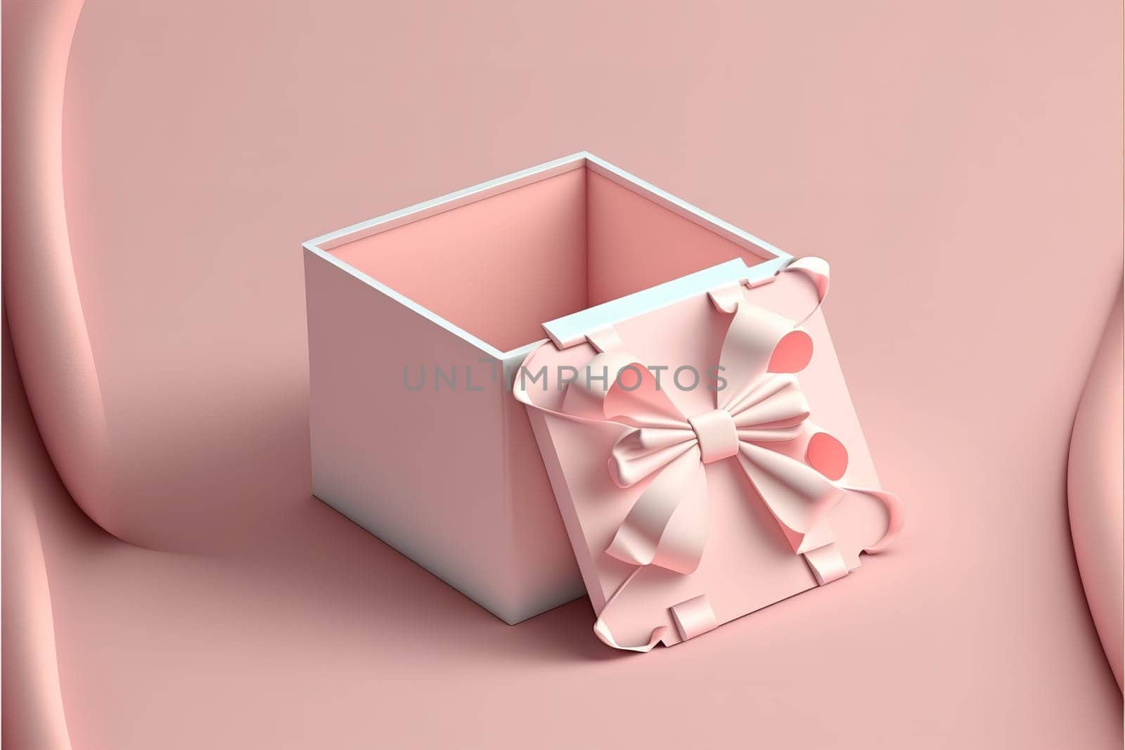 Blank open gift box or present box with pink ribbon bow isolated on pink pastel color background.