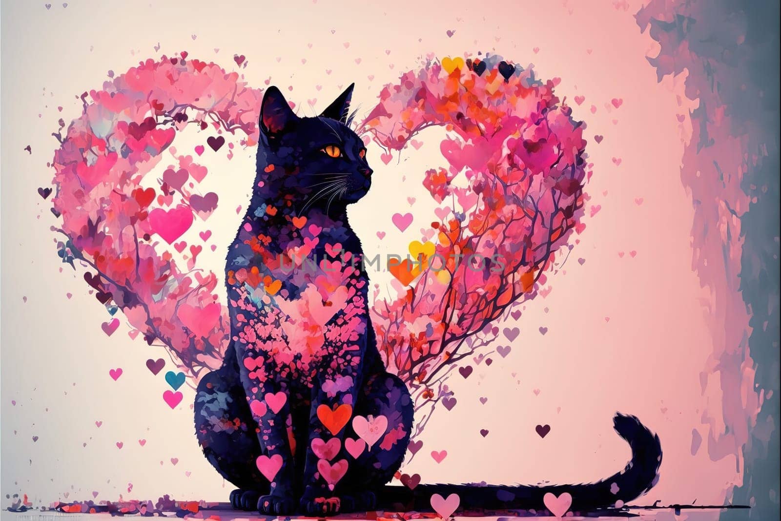 Amazing Abstract artwork of the single cat sitting in the lovely background full of pink hearts.