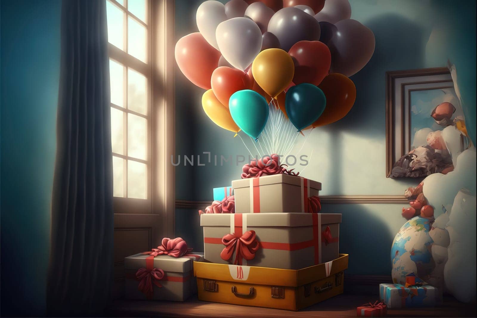 Lots of gift boxes at home, Valentines day, balloons heart love holiday mood.