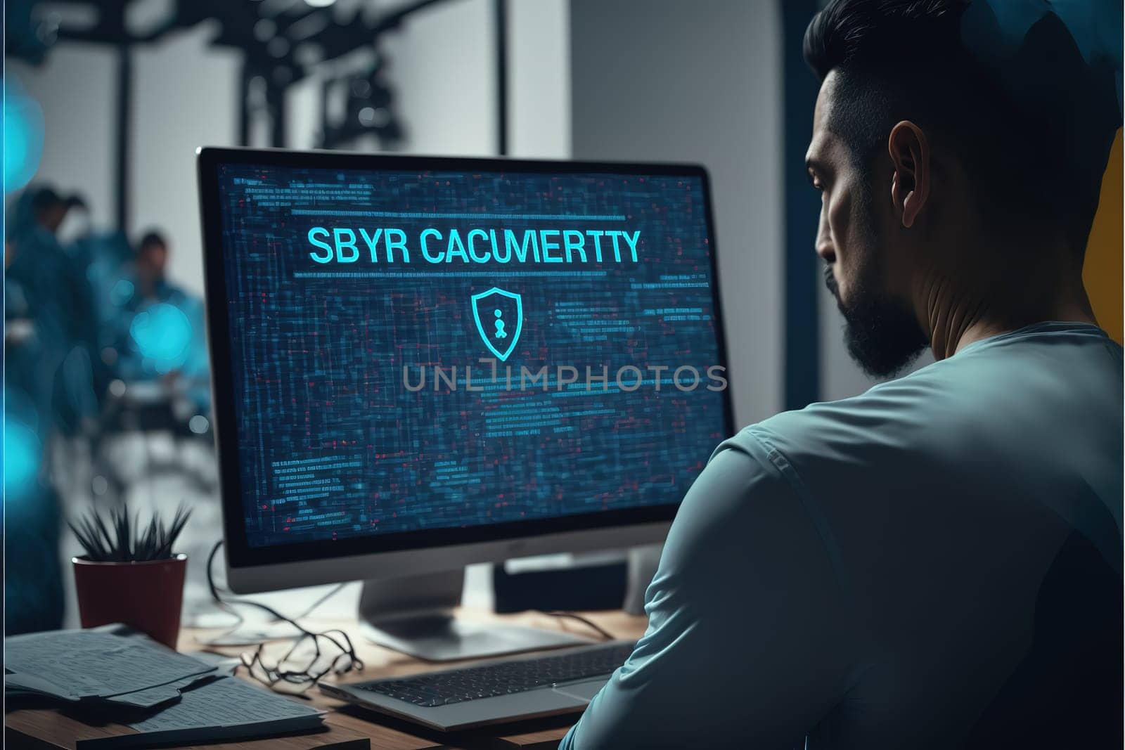 Cyber security concept. Man using computer with system hacked alert due to cyber attack on computer network.
