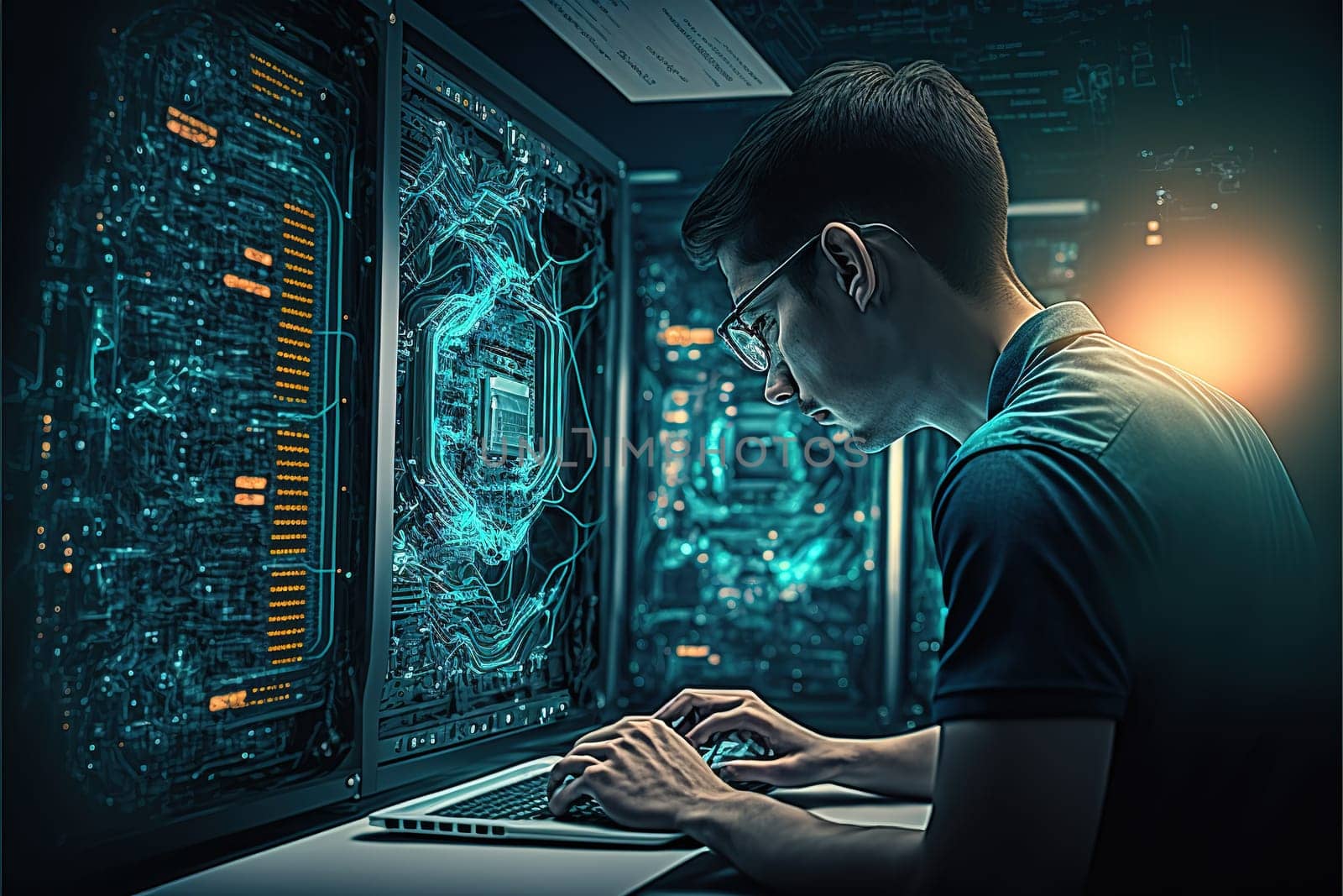 Computer engineer working on laptop computer with server room, data center, big data storage as backgrounds.