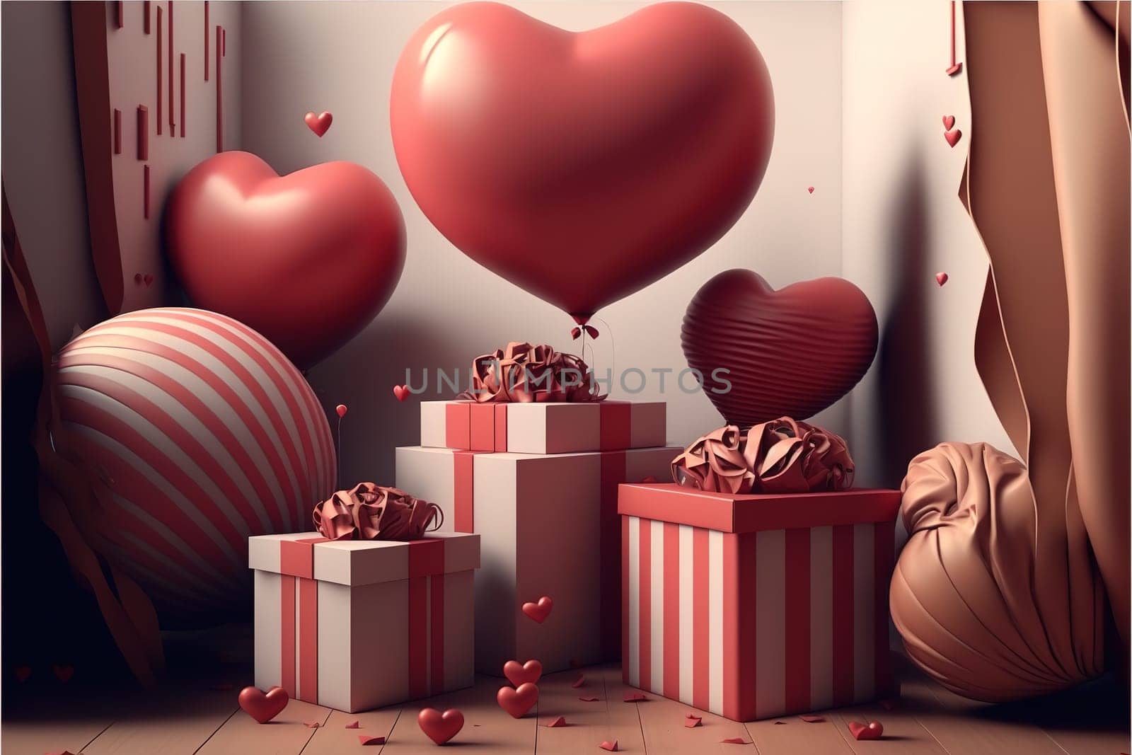Lots of gift boxes at home, Valentines day, balloons heart love holiday mood