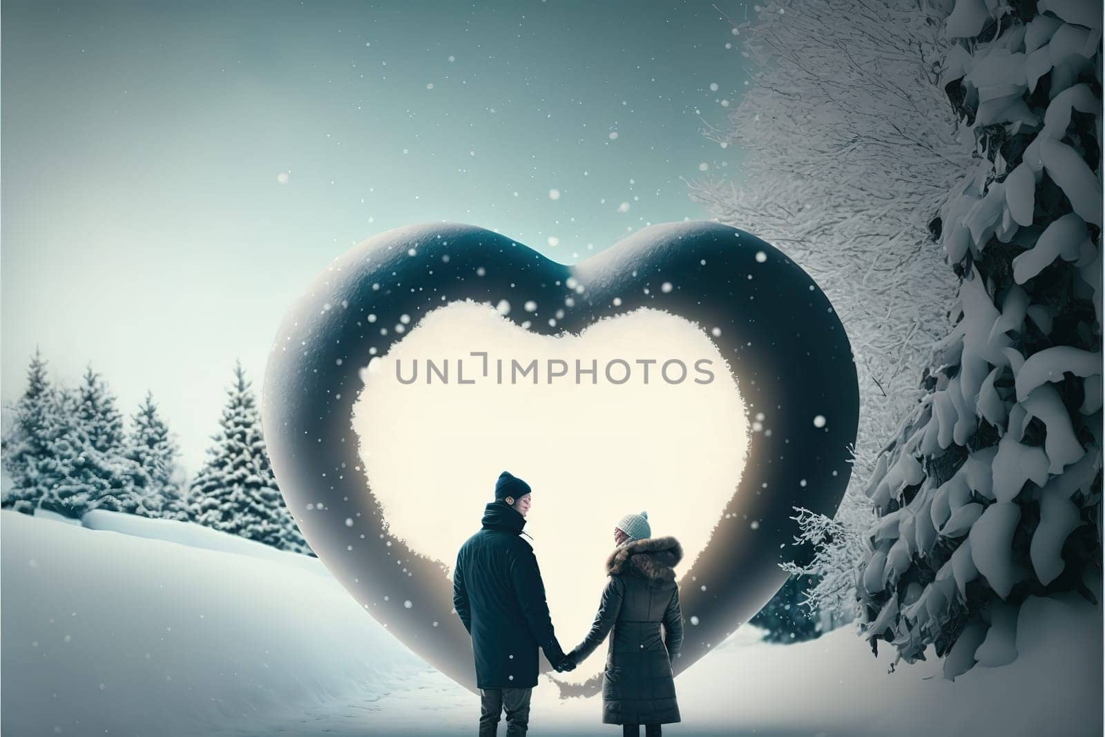 Couple in love dressed for winter outdoors enjoying a romantic moment with a white floating heart above.