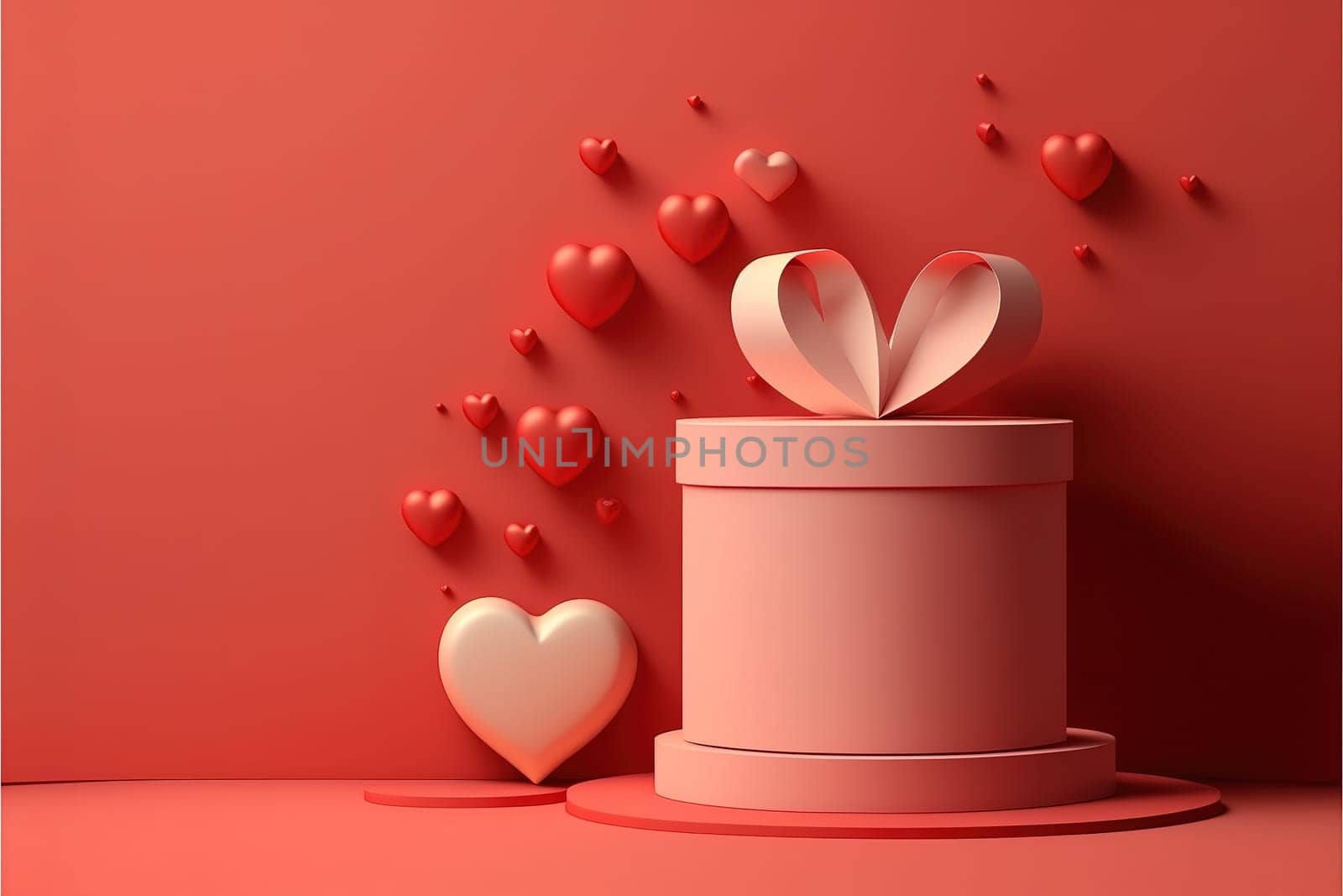 Minimal podium product background for Valentine, Red heart and gift box with ribbon bow on red background.