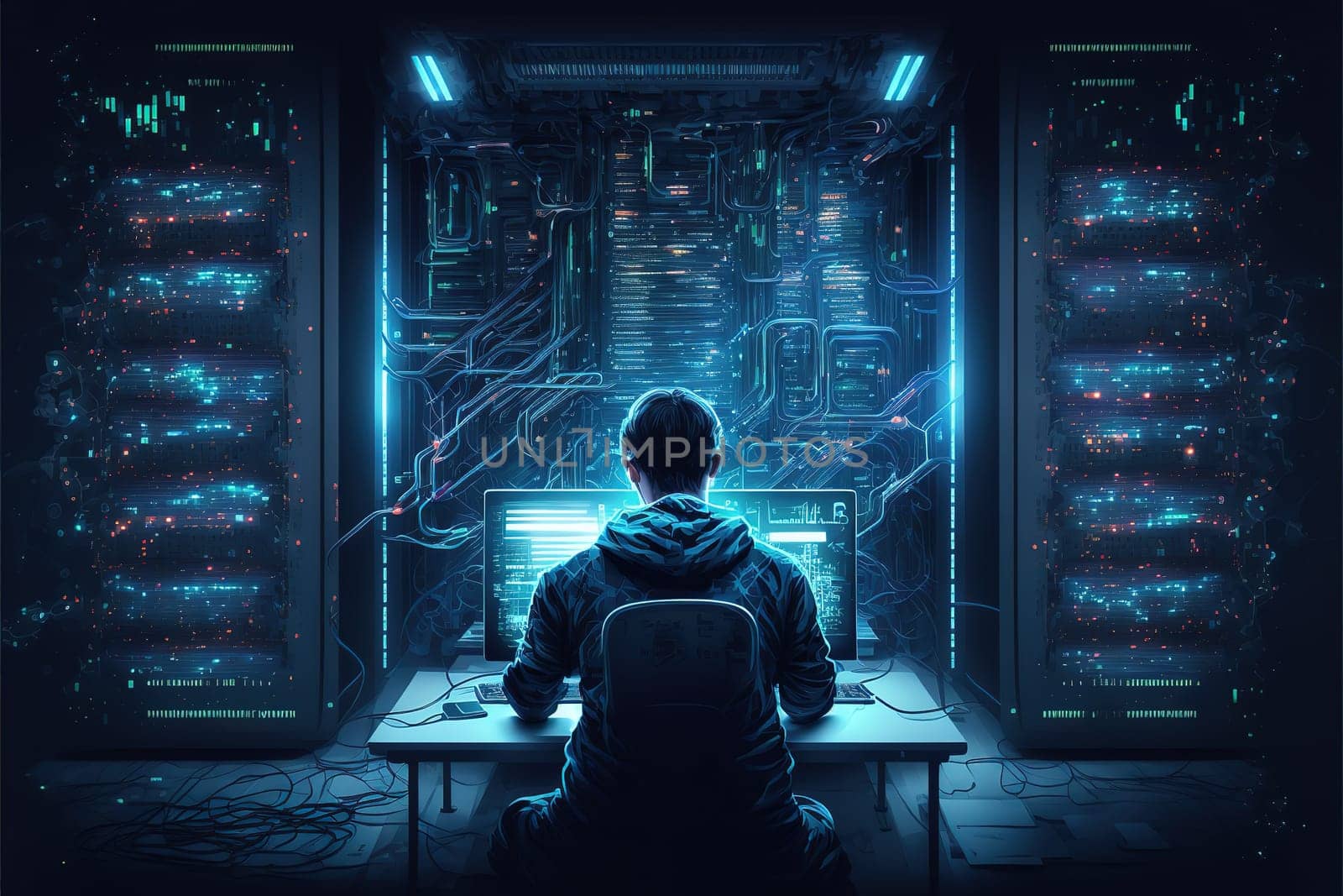 Computer engineer working on laptop computer with server room, data center, big data storage as backgrounds.