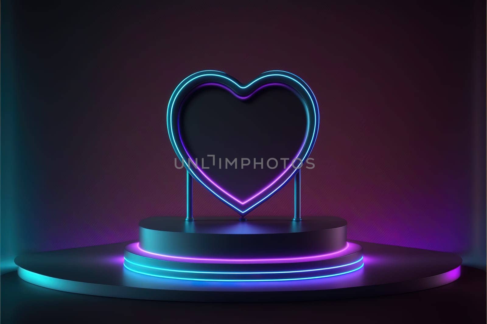Neon, cyber lights heart shaped pedestal frame and product podium. Futuristic dark background.