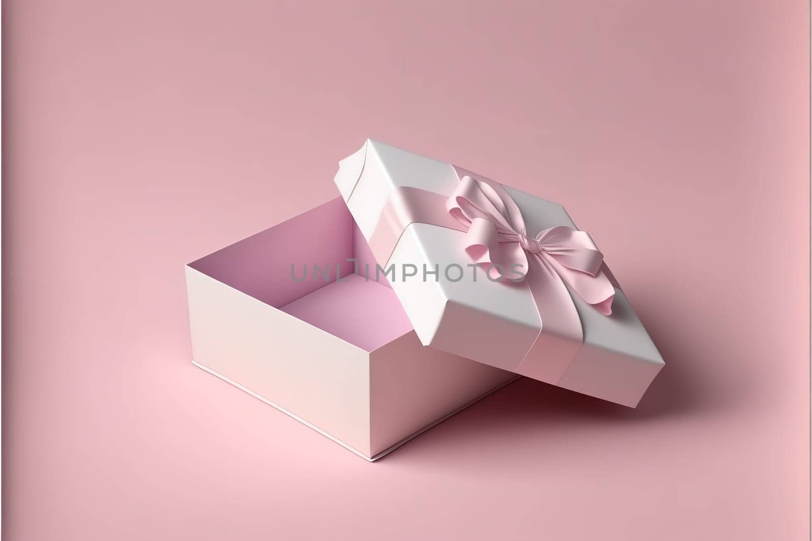 Blank open gift box or present box with pink ribbon bow isolated on pink pastel color background.