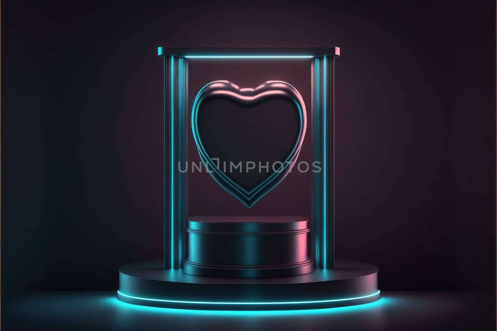 Neon, cyber lights heart shaped pedestal frame and product podium. Futuristic dark background.