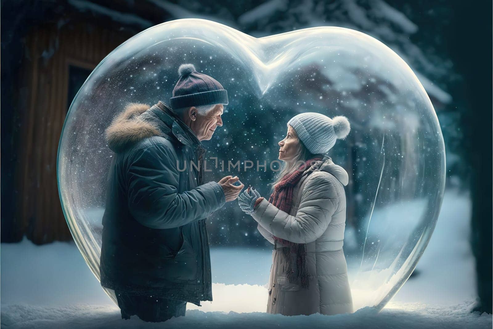 Couple in love dressed for winter outdoors enjoying a romantic moment with a white floating heart above.