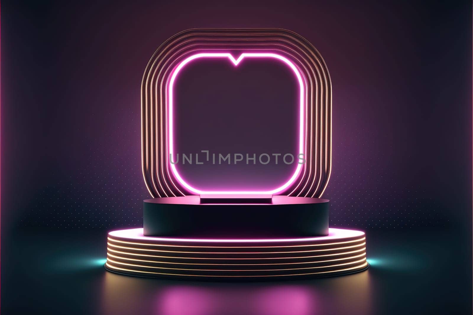 Neon, cyber lights heart shaped pedestal frame and product podium. Futuristic dark background.