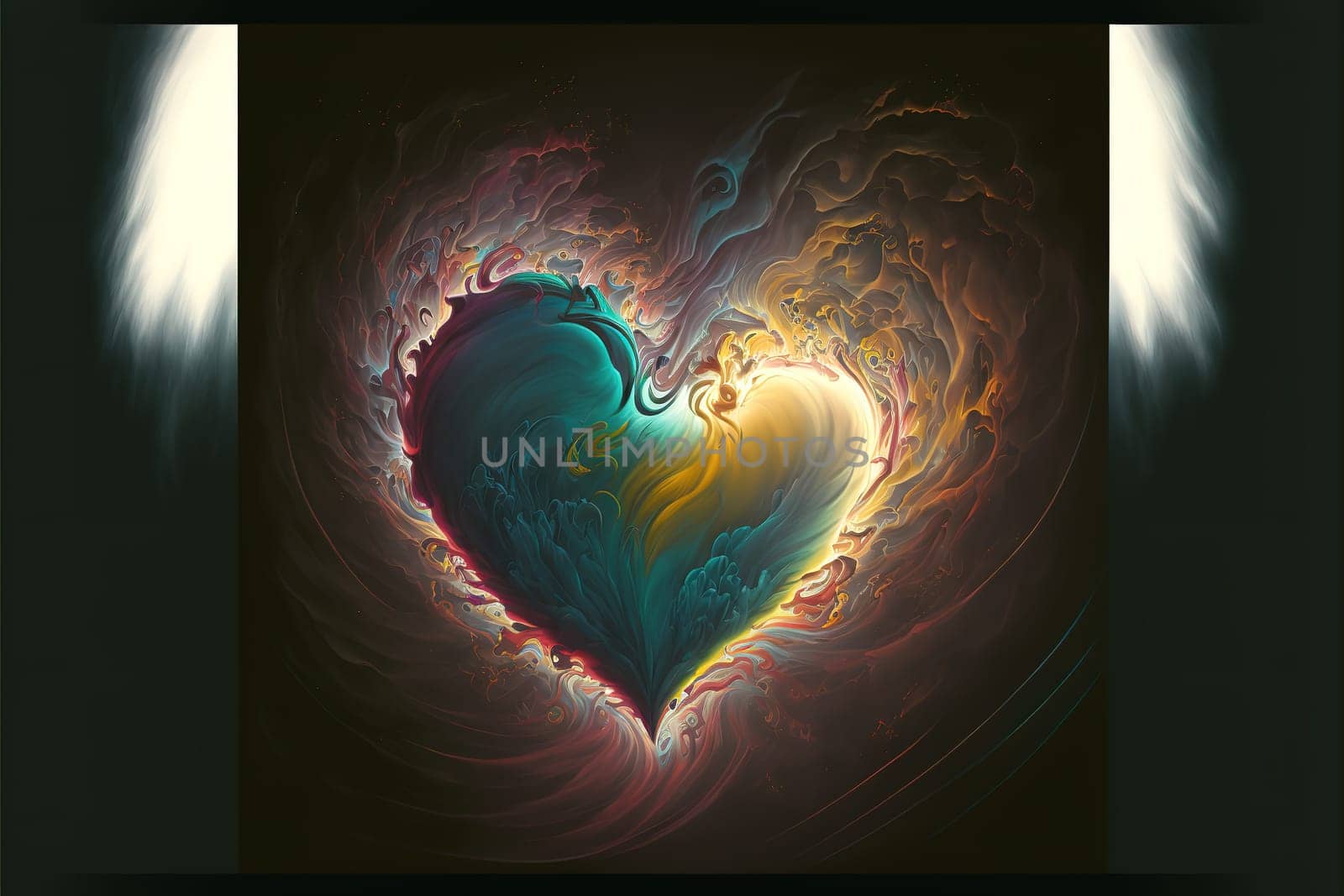 Ethereal, spiritual heart with colourful energy swirling over it's surface.