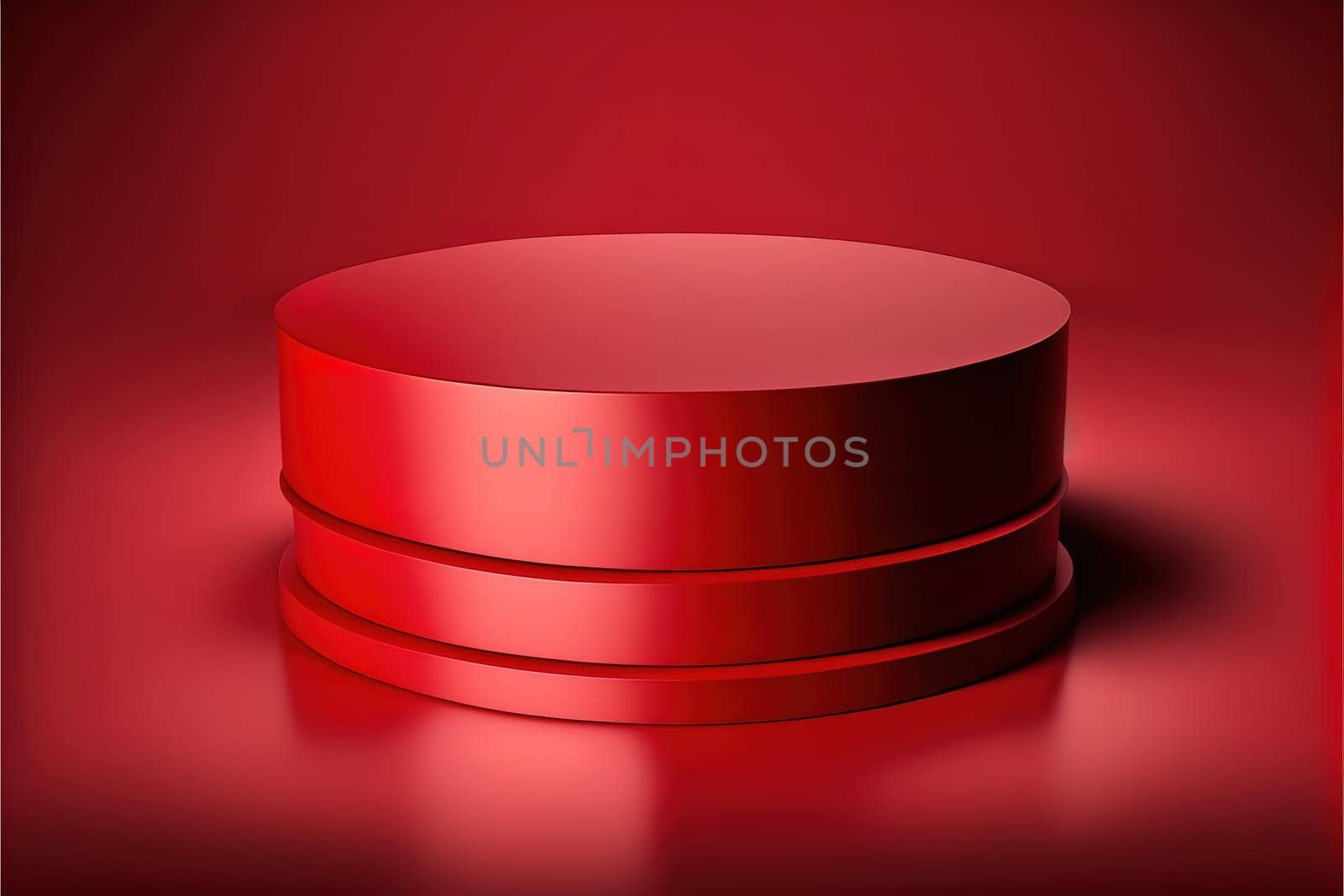 Red podium 3d illustration. Vectorial round podium, pedestal or platform, background for the presentation of cosmetic products.