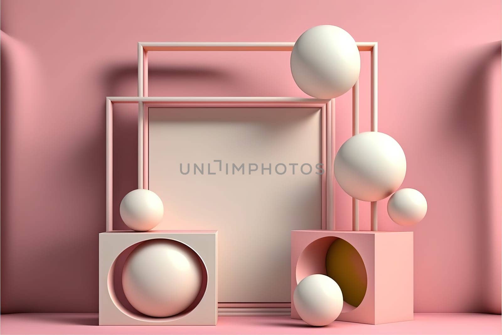 Square podiums, spheres and a neon frame on a wall on a pink background, 3d render.