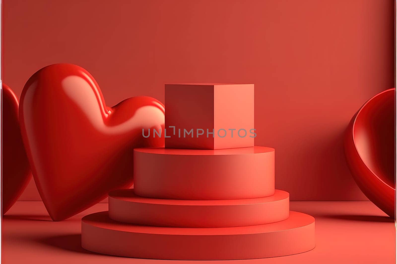 Minimal abstract product background for Valentine and Christmas, Podium with red gift box on red background.
