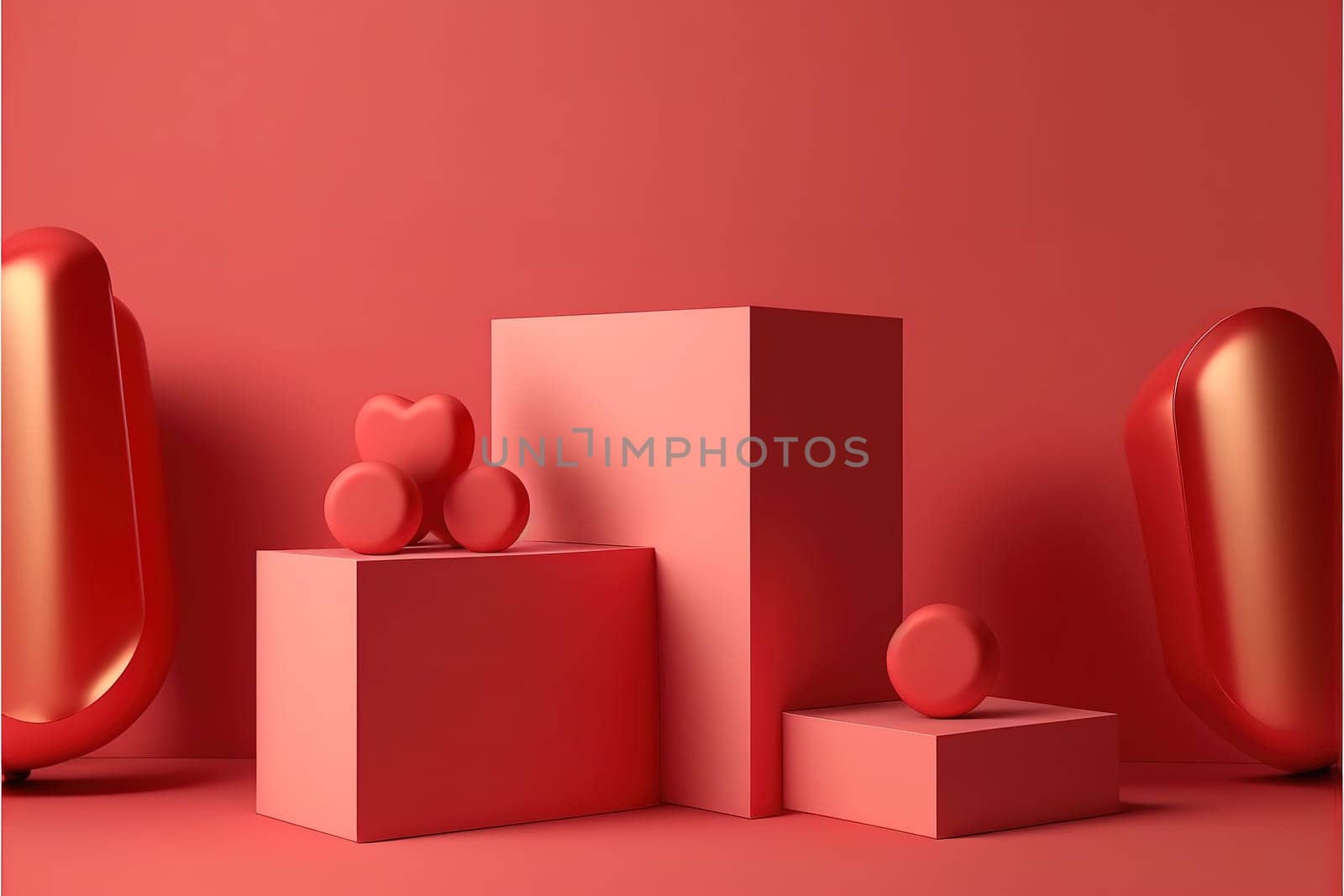 Minimal abstract product background for Valentine and Christmas, Podium with red gift box on red background.
