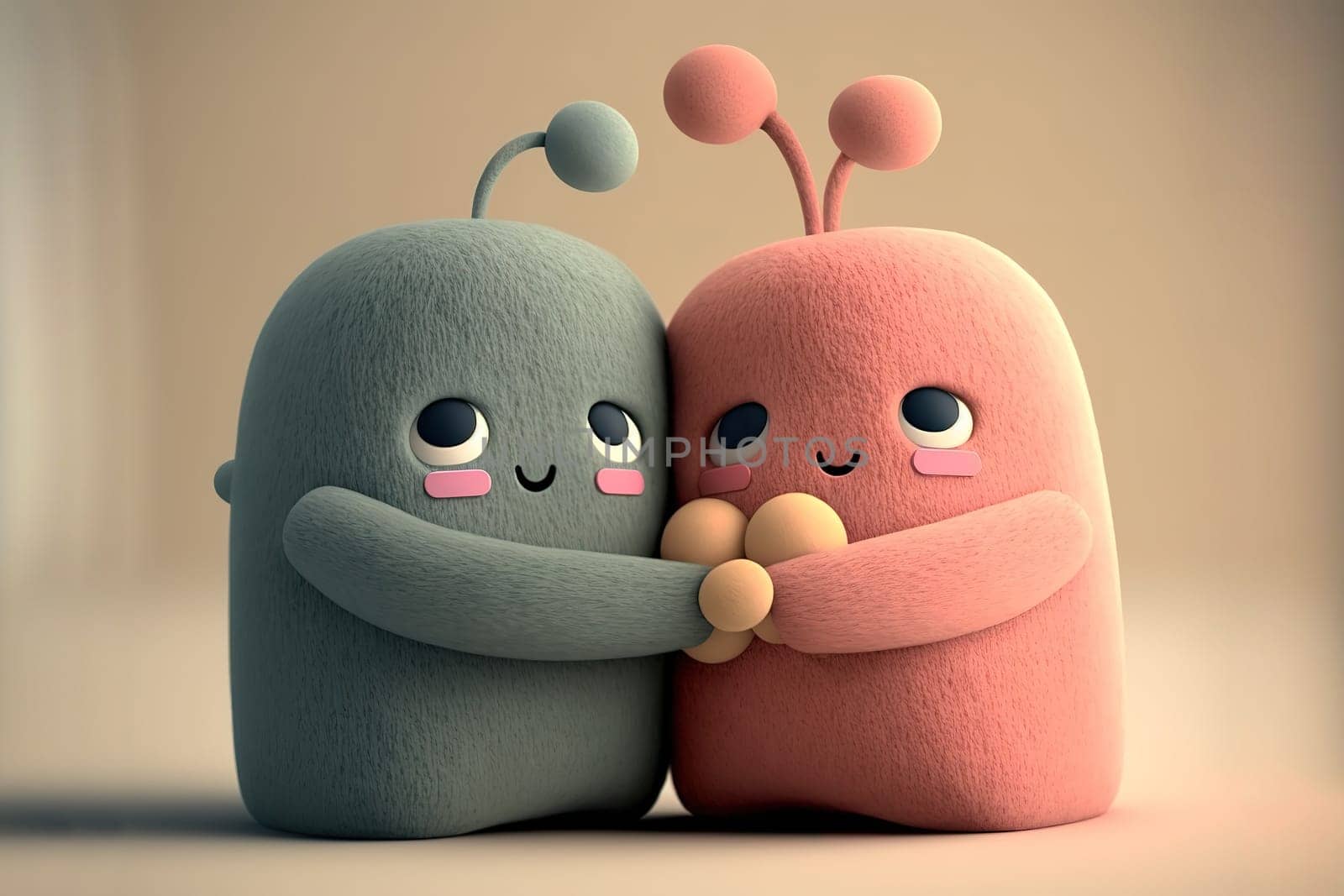 Two cute felt and rubber 3d render characters giving hugs to each others.