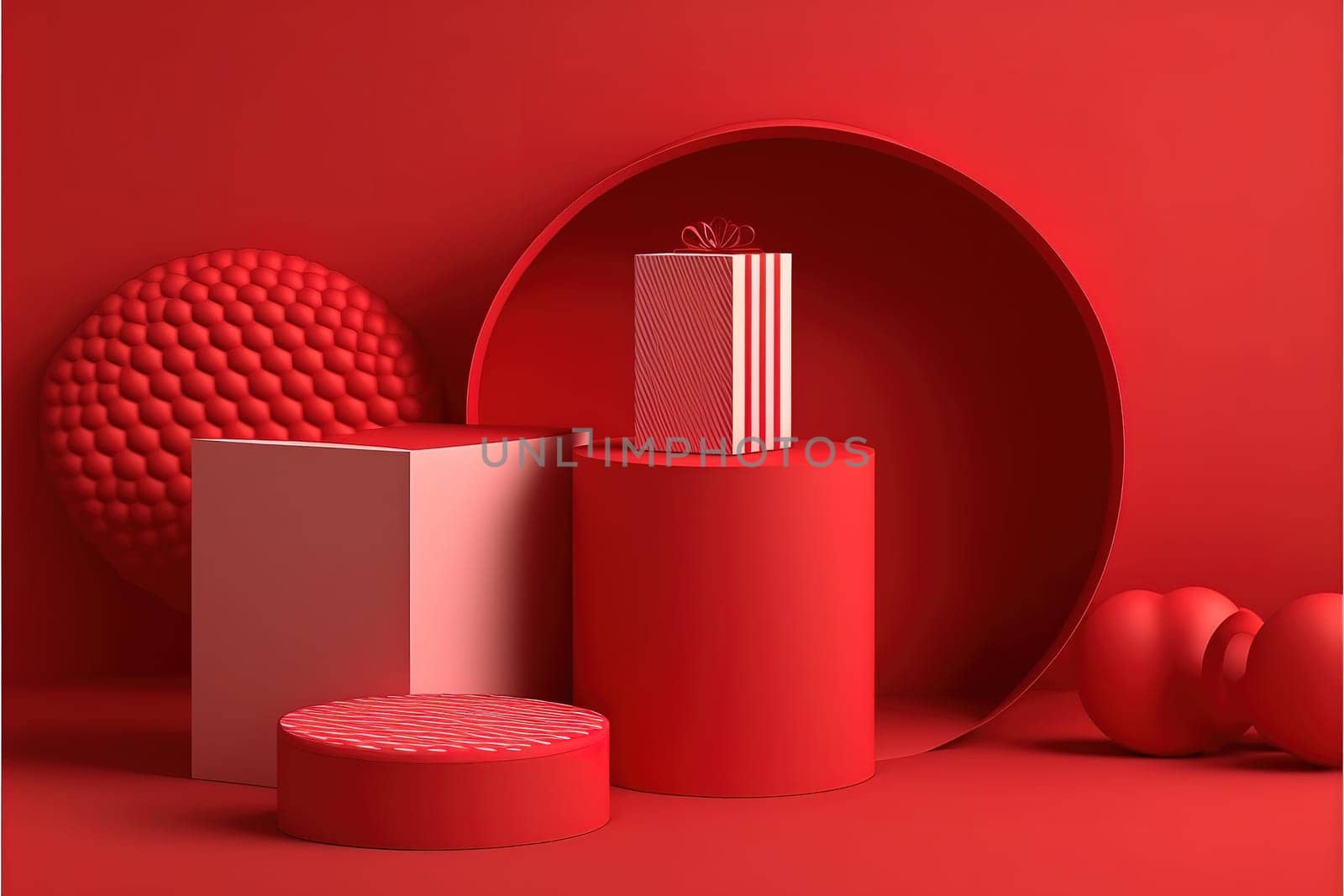 Minimal abstract product background for Valentine and Christmas, Podium with red gift box on red background.