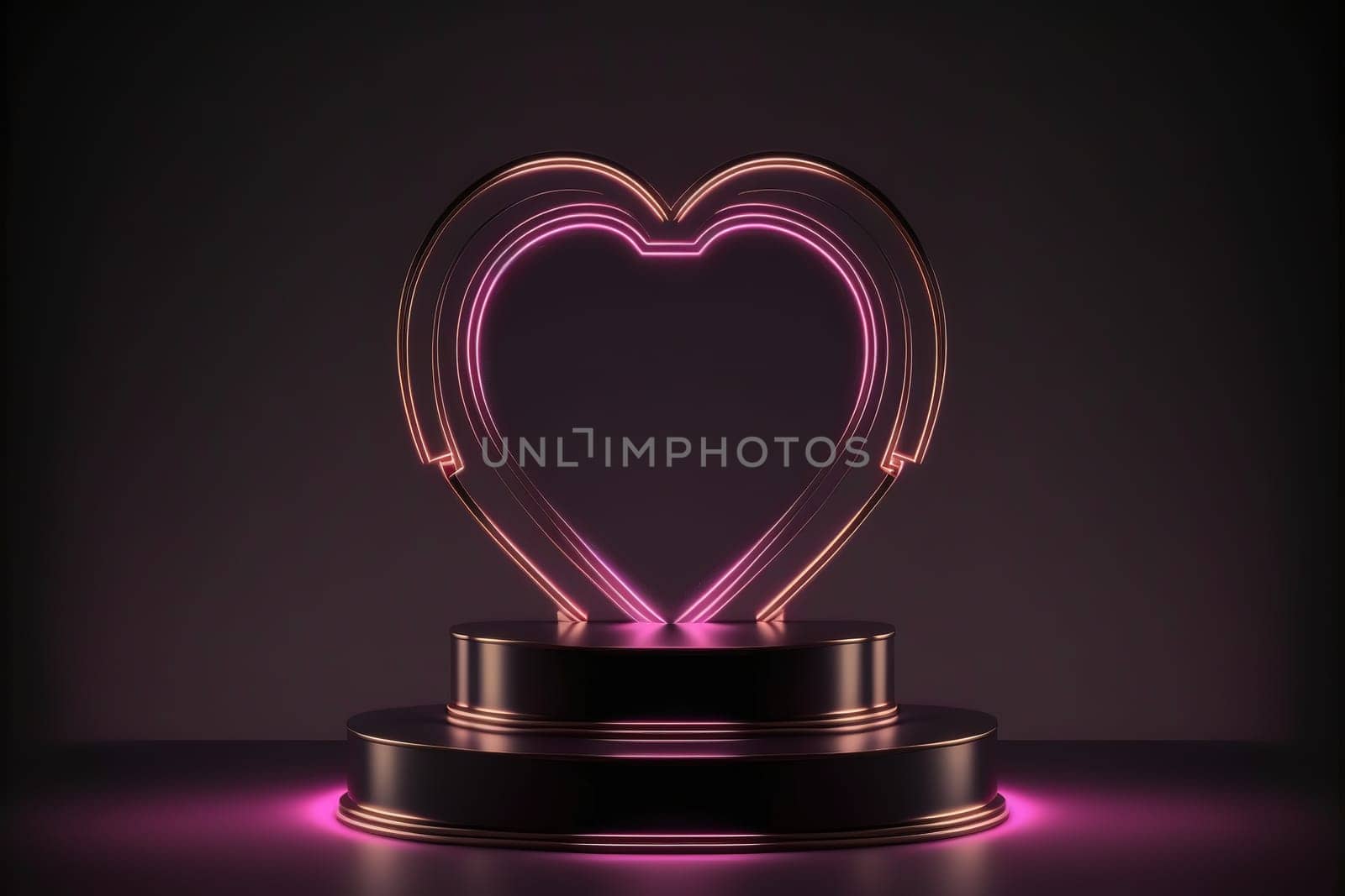Neon, cyber lights heart shaped pedestal frame and product podium. Futuristic dark background.