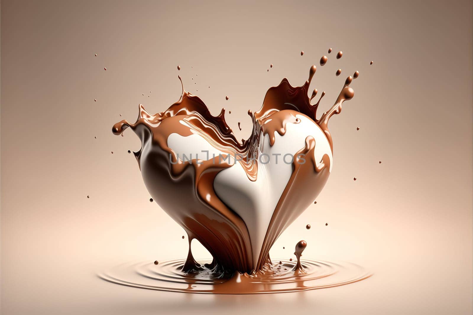 milk and chocolate splash in shape of heart, 3d illustration.