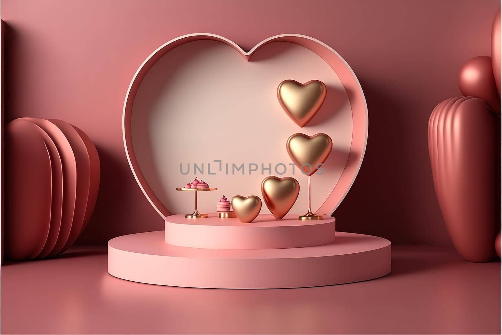 Valentine's day stage podium mock up with heart product display showcase 3d render.